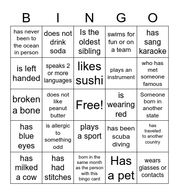 Ambassador Ice Breaker Bingo Card