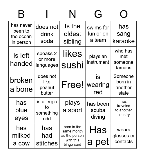 Ambassador Ice Breaker Bingo Card