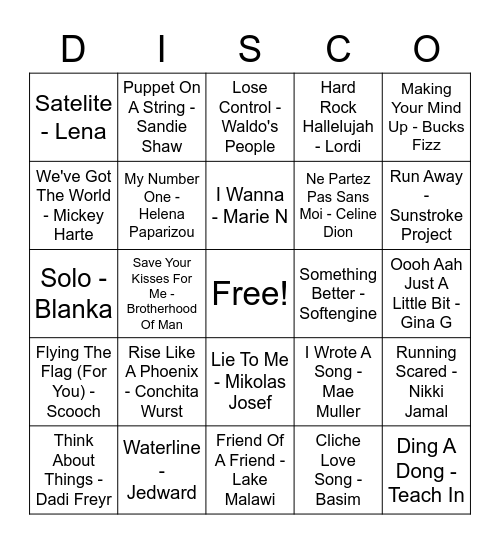 Eurovision 23 Bingo Card