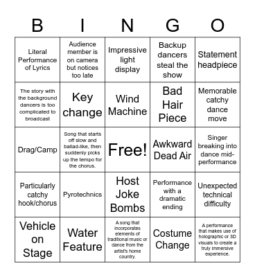 Eurovision 2023 Bingo Card