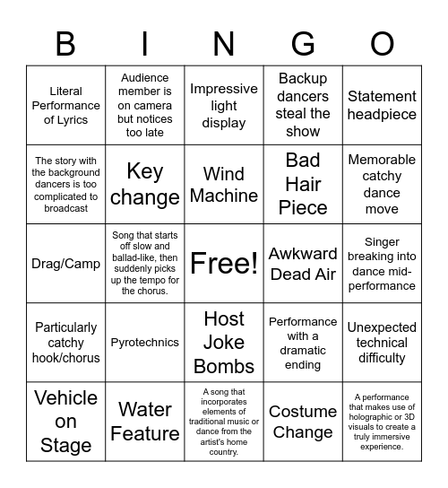 Eurovision 2023 Bingo Card