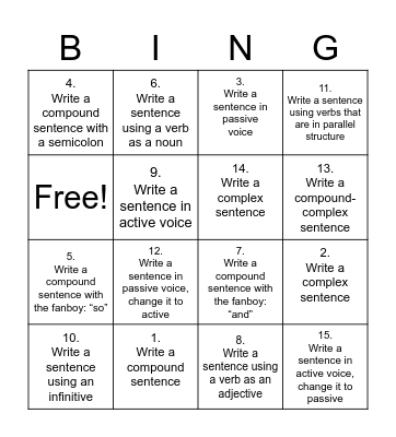 Grammar Bingo Card