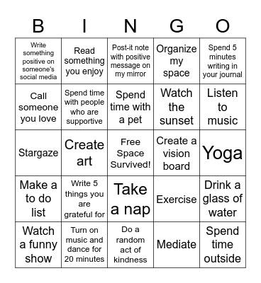 Self Care Bingo Card