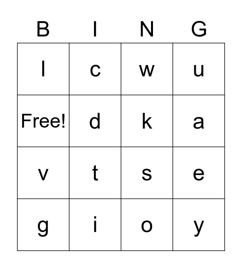 Lowercase Letters Bingo Card