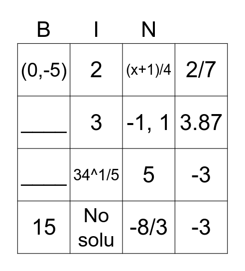 Algebra Dingo Bingo Card