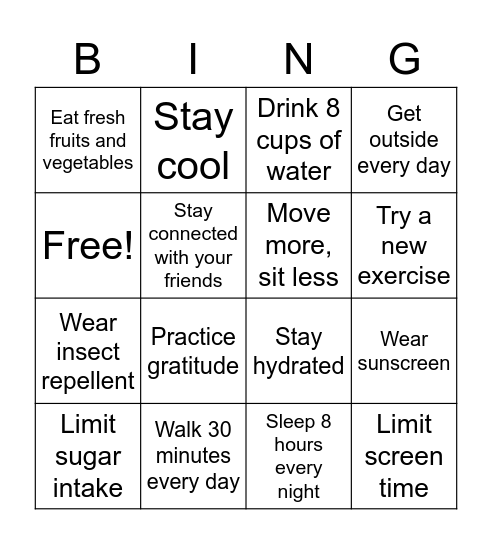 Have a Healthy Summer Bingo Card