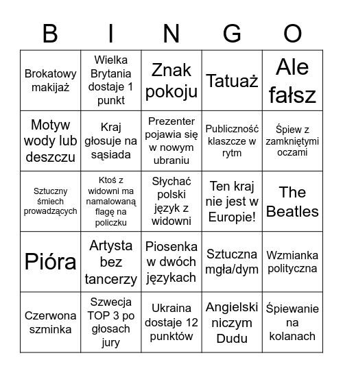 Eurowizja 2023 Bingo Card