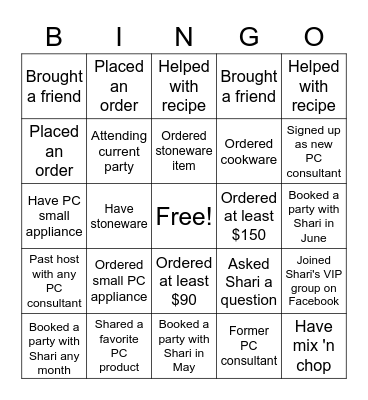 Pampered Chef Bingo Card