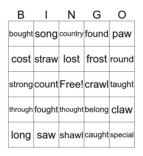 -aw,  -ought,   - aught,   -ost,   -ong Bingo Card