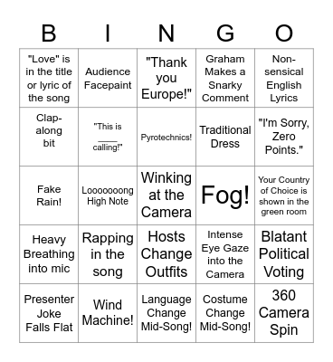 Eurovision Bingo 2023 Bingo Card