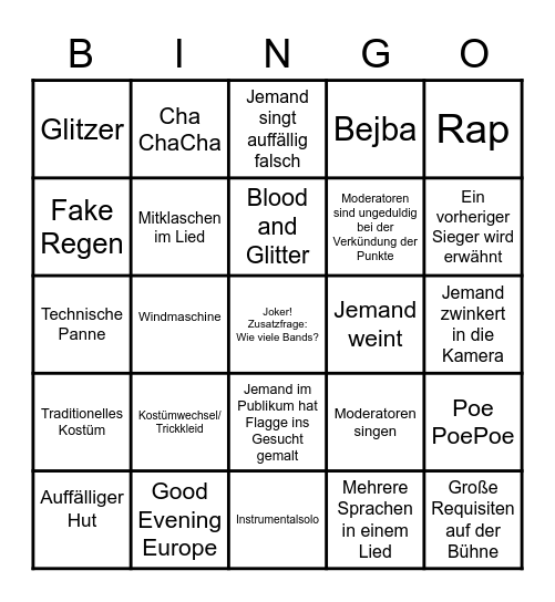 Eurovision 2023 Bullshit Bingo Card