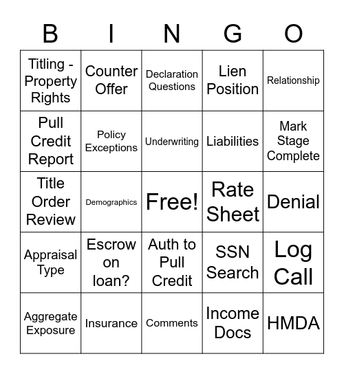 Mortgage Bingo Card