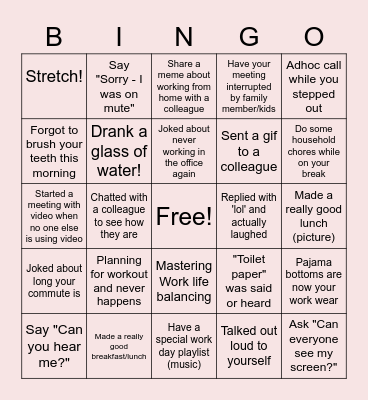 Remote Work Bingo Card