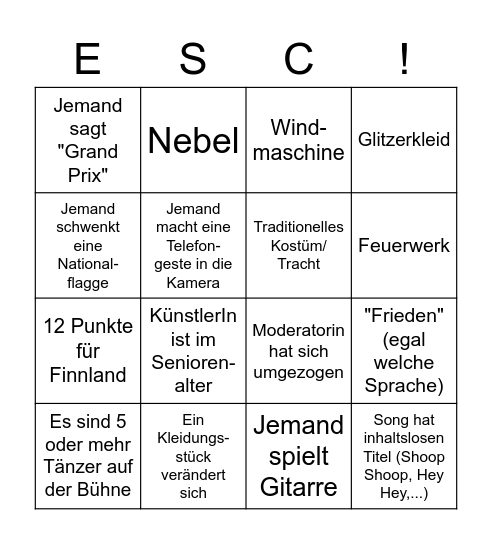 ESC Bingo Card