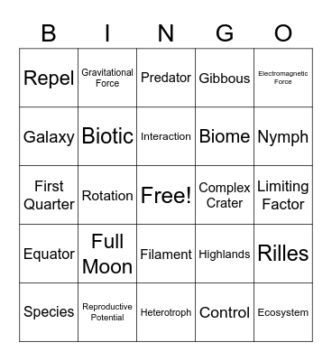 7th Grade Science Vocabulary BINGO Card