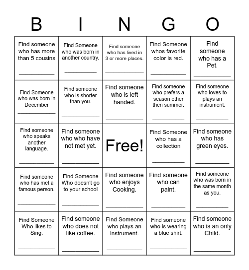 Find Someone Who Bingo Card