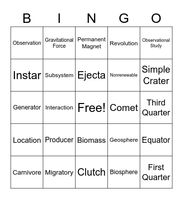 7th Grade Science Vocabulary Bingo Card