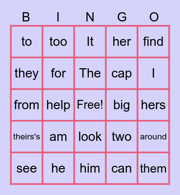 Sight Words Bingo Card