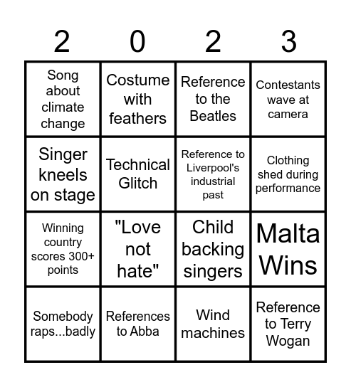 Katie's Eurovision Bingo Card