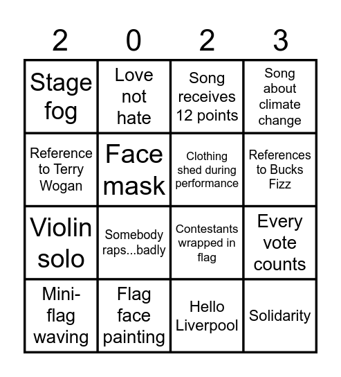 Katie's Eurovision Bingo Card