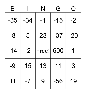 Negative Numbers: Addition & Subtraction Bingo Card