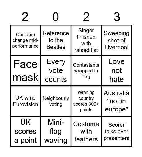 Katie's Eurovision Bingo Card