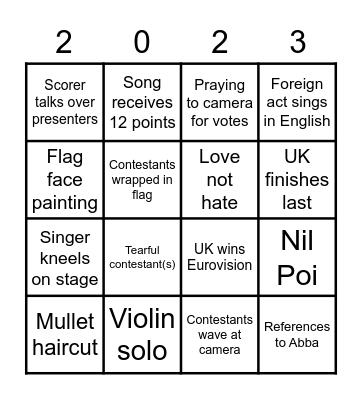 Katie's Eurovision Bingo Card