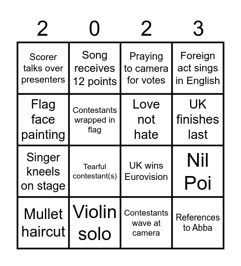 Katie's Eurovision Bingo Card