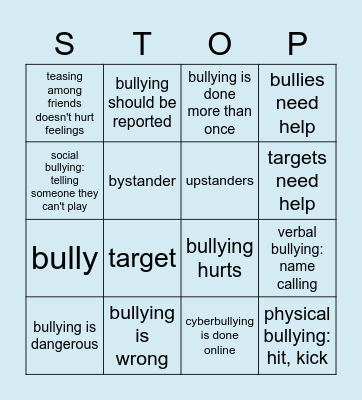 Bullying Prevention Bingo Card