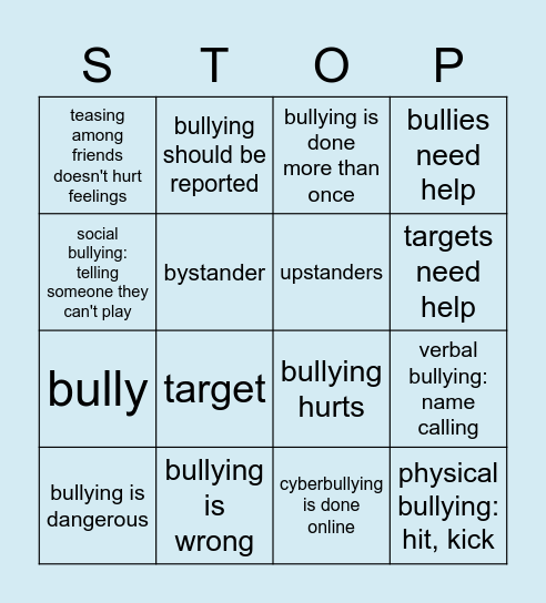 Bullying Prevention Bingo Card