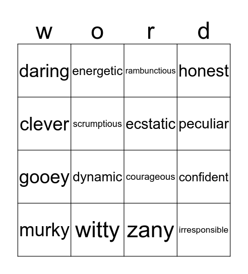 Describing words Bingo Card