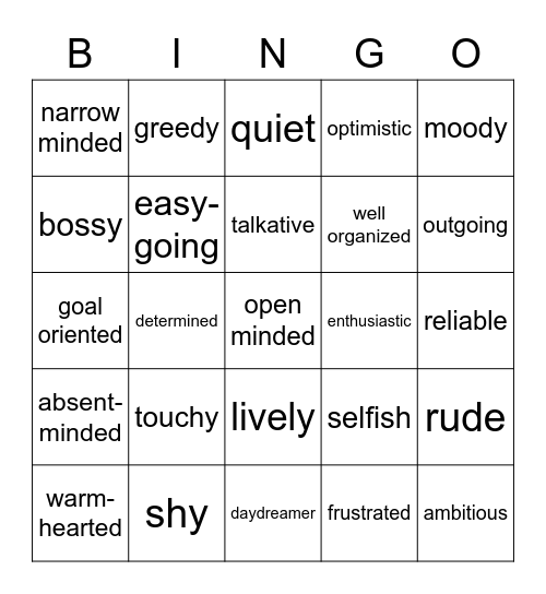 Adjectives of character Bingo Card