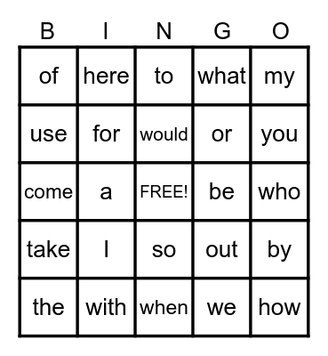 Sight Words! Bingo Card