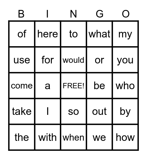 Sight Words! Bingo Card