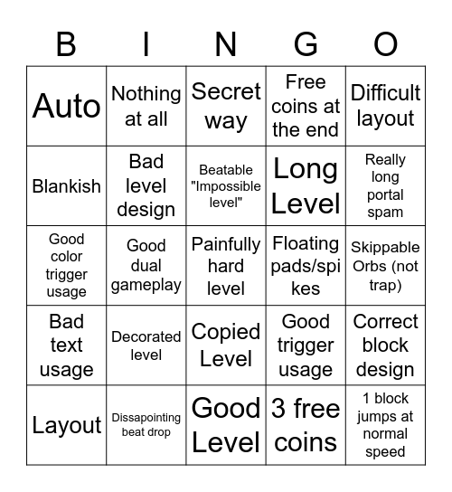 Recent  Level Bingo Card