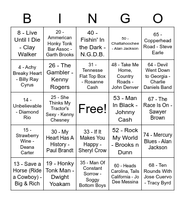 Music Bingo Country Bingo Card