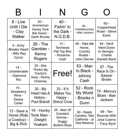 Music Bingo Country Bingo Card