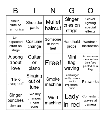 Eurovision Bingo Card