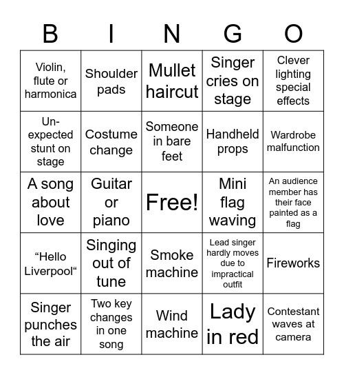 Eurovision Bingo Card