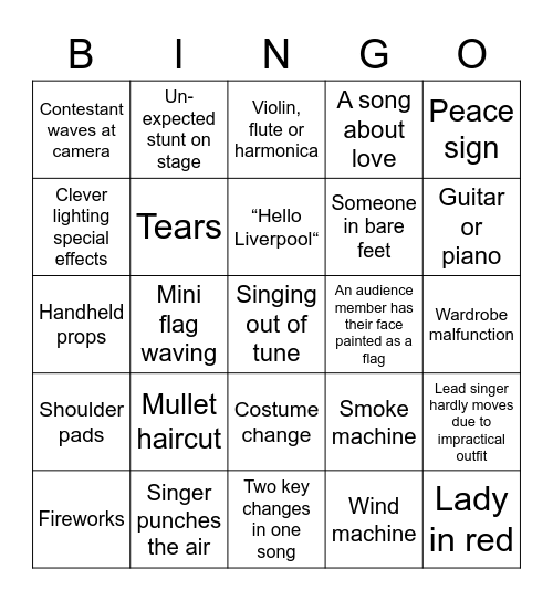 Eurovision Bingo Card