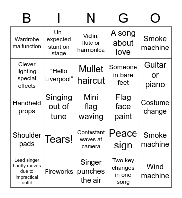 Eurovision Bingo Card