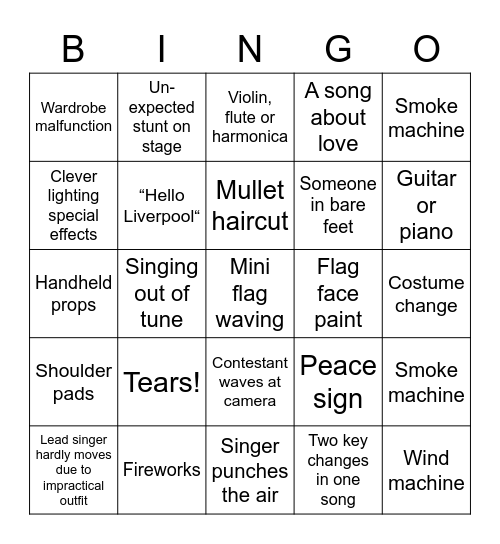 Eurovision Bingo Card