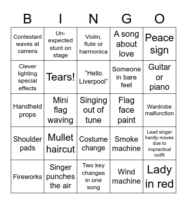 Eurovision Bingo Card