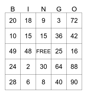 Multiplication MathO! Bingo Card