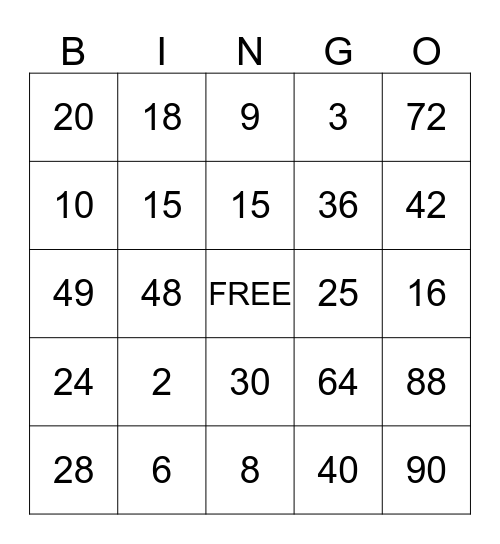 Multiplication MathO! Bingo Card