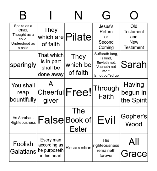 The Greatest Gifts, The Cheerful Giver, Justification by Faith, Bible Quiz Questions Bingo Card