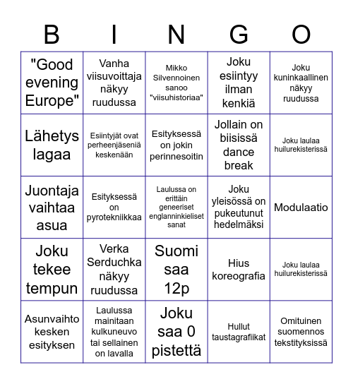 Euroviisu Bingo Card