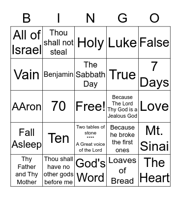 Ten Commandments and Bible Quiz Questions Bingo Card