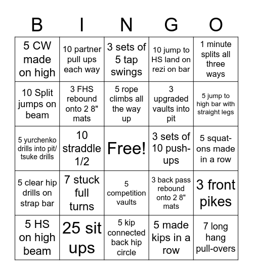 Gymnastics Bingo Card