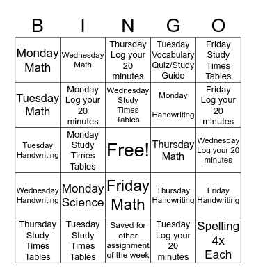 Weekly Homework for Ms. Rodriguez Bingo Card